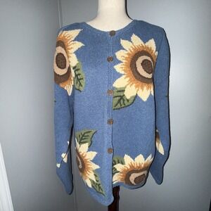 VTG 90s- Talbots Novelty Sweater Sz XL Sunflowers Cork Buttons Cardigan Blu/Yell